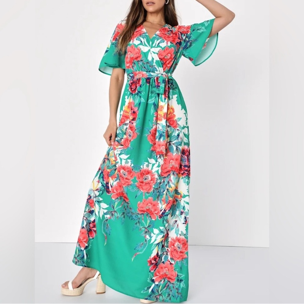 Lulu's Teal and Red Floral Maxi Dress